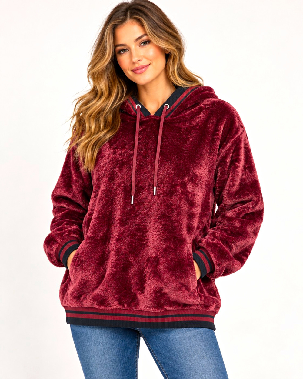 Karen Scott Women's Plus 0X Burgundy Fleece Pullover Hoodie Drawstring Pockets